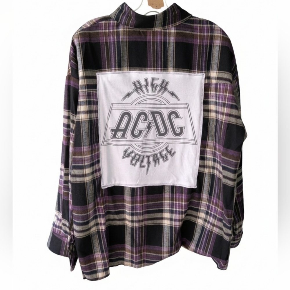 AC/DC BAND NEW Flannel Upcycled Plaid Shirt Hand Crafted